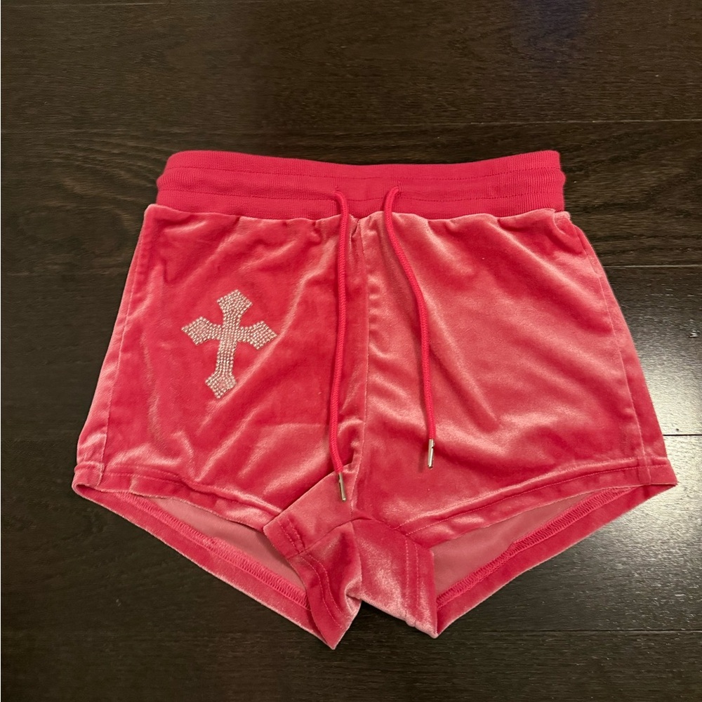 Velvet Pink Women's Shorts with Rhinestone Cross